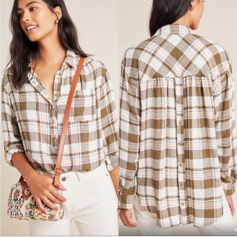 Anthropologie Isadora Plaid Button Back Tunic Blouse